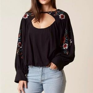 Free People Lita black Embroidered Bell Sleeve Top sz M